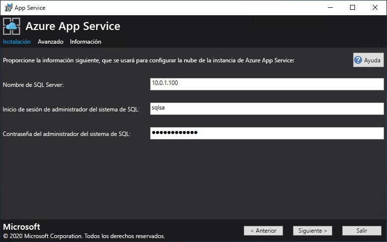 Screenshot that shows the screen where you provide the connection details for SQL Server in the App Service Installer.