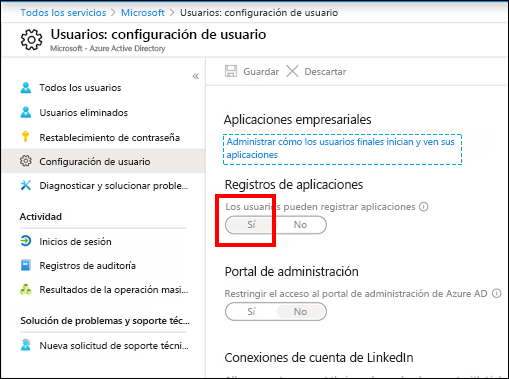 Captura de pantalla de la página Configuración de usuario de Microsoft&nbsp;Active Directory en Azure Portal. En la captura de pantalla se muestran las opciones para administrar el acceso de Microsoft Entra ID a las aplicaciones. La opción Registros de aplicaciones está resaltada con un borde rojo.