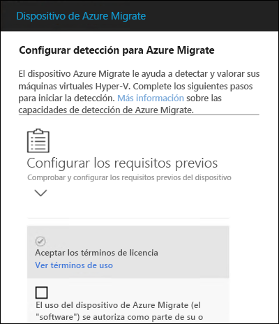 Captura de pantalla de la aplicación web del dispositivo de Azure Migrate, que muestra la primera opción para aceptar los términos de licencia del dispositivo de Azure Migrate.