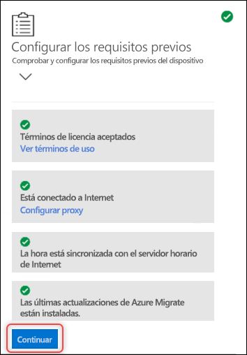 Captura de pantalla de la aplicación web del dispositivo de Azure Migrate, que muestra las opciones para configurar y configurar las opciones de requisitos previos del dispositivo.