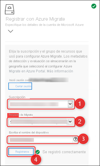 Captura de pantalla de la aplicación web del dispositivo de Azure Migrate, en la que se muestra la pantalla con opciones para registrar el dispositivo de Azure Migrate con una cuenta de Azure que especifique.