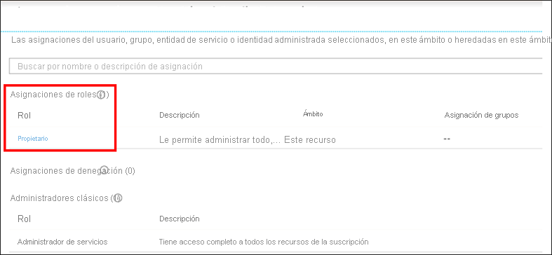 Captura de pantalla de la hoja Control de acceso (IAM) que se muestra referente a una suscripción de Azure&nbsp;Portal. En la captura de pantalla se muestran los permisos asignados a la cuenta, con el rol Propietario resaltado con un borde rojo.