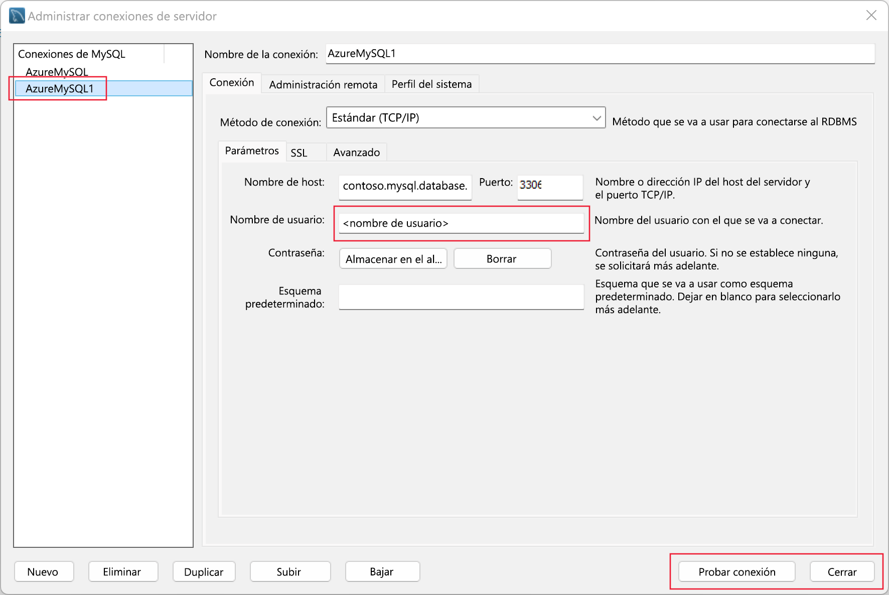 Screenshot showing the new user account in the Manage Connections dialog in MySQL Workbench.