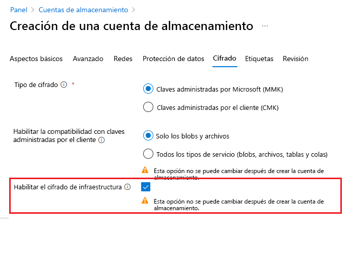 Captura de pantalla que muestra cómo crear una cuenta con el cifrado de infraestructura habilitado.