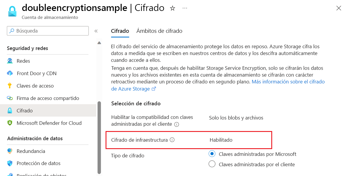 Captura de pantalla que muestra cómo comprobar que el cifrado de infraestructura está habilitado para una cuenta de almacenamiento.