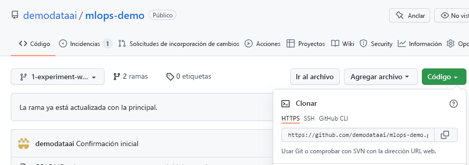 Recorte de pantalla del repositorio de Git con el botón para clonar código.