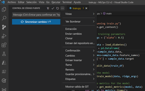 Recorte de pantalla del envío de cambios en el panel de control de código fuente en Visual Studio Code.