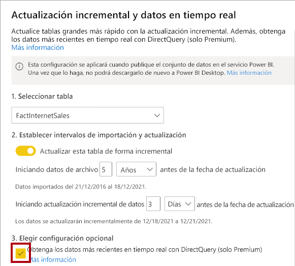 Animated diagram shows the incremental refresh and real-time data set up, and it highlights the Get the latest data in real-time with DirectQuery option.