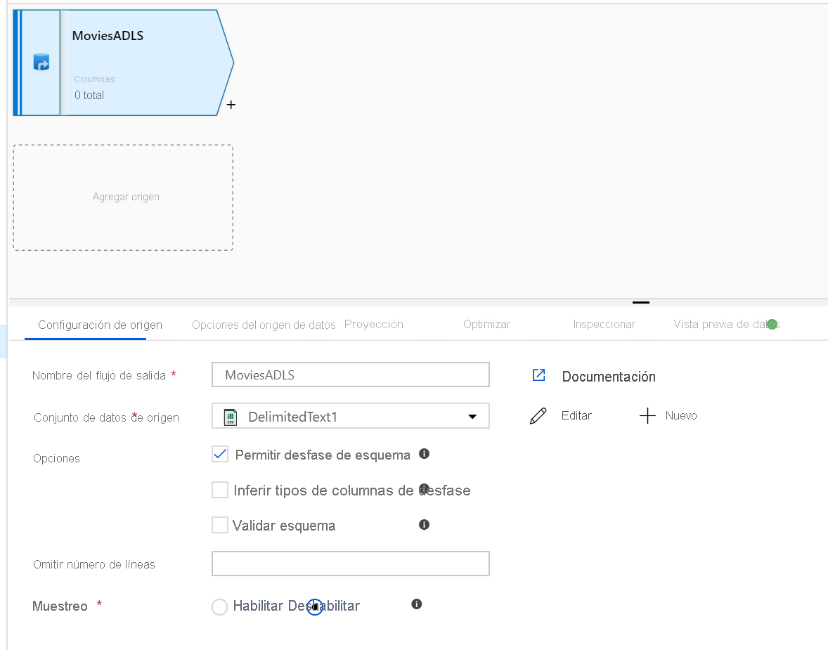 Adición de los datos de origen al flujo de datos de asignación