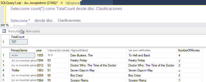 Consulta de los resultados en SQL Server Management Studio