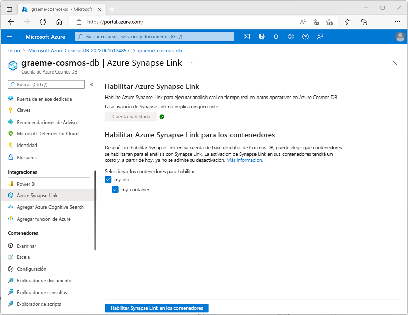 Screenshot showing the Azure Synapse Link page in the Azure portal, with an existing container selected and the Enable Synapse Link on your container button enabled.