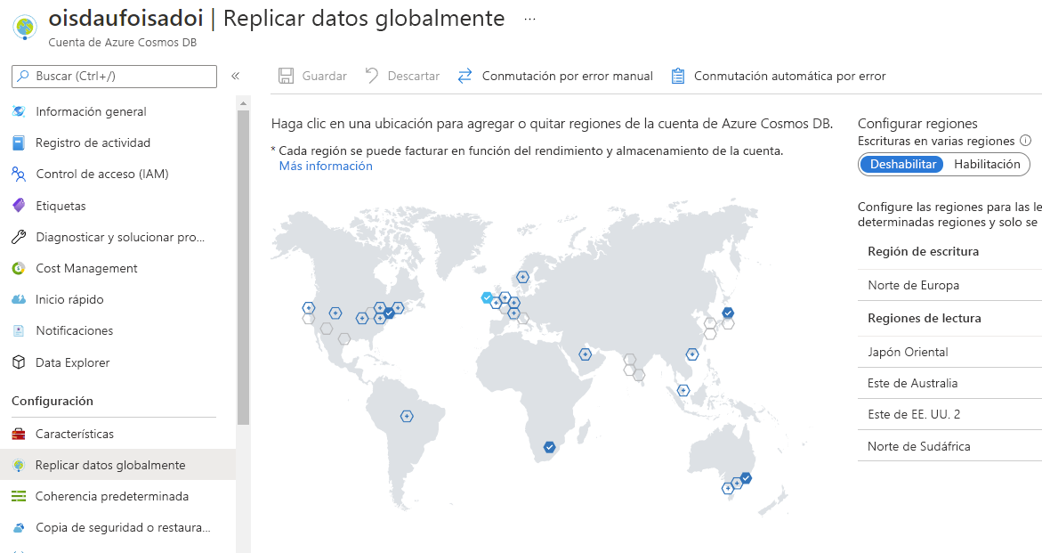 Replicate data globally pane in the Azure portal with a map control