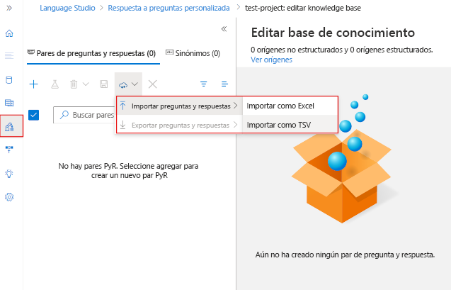 Captura de pantalla que muestra cómo importar un archivo con pares de preguntas y respuestas.