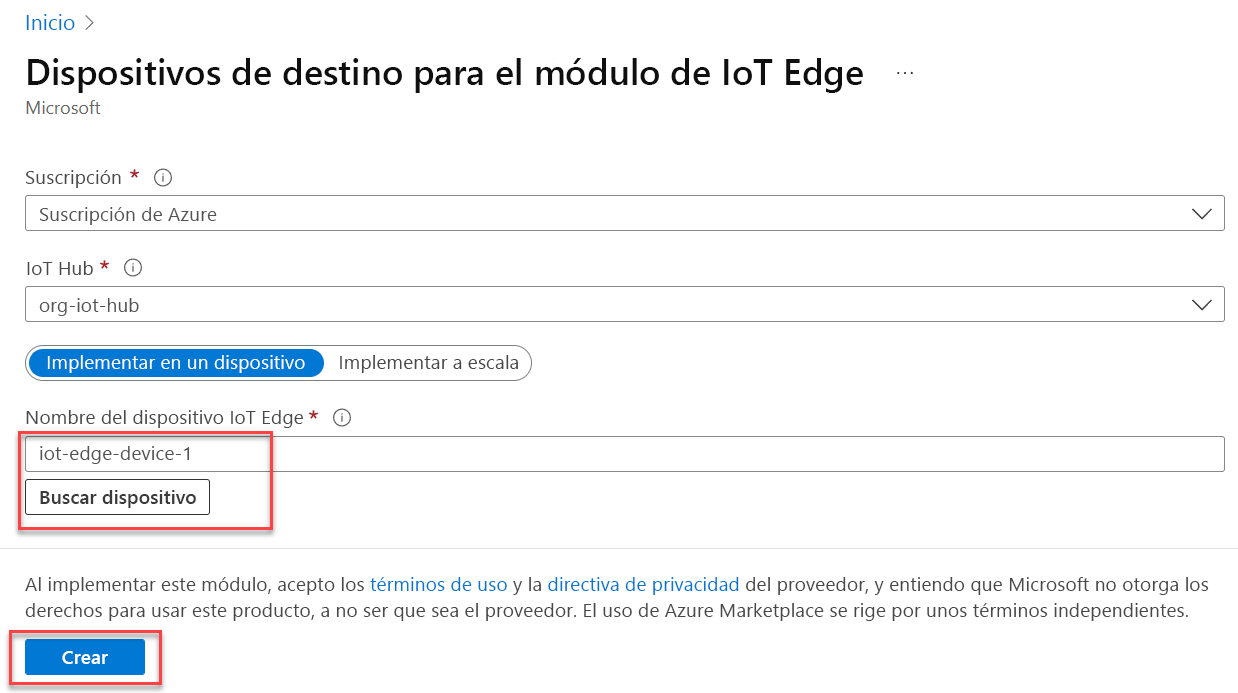 A form displays prompting for IoT Edge Device Name. The Create button is highlighted.