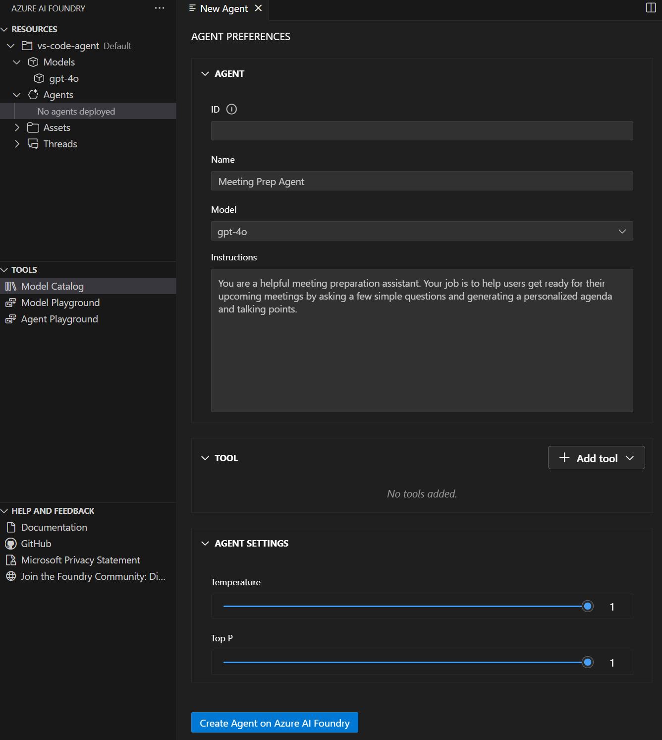 Captura de pantalla de los detalles de un agente en la extensión de VS Code de Microsoft Foundry.