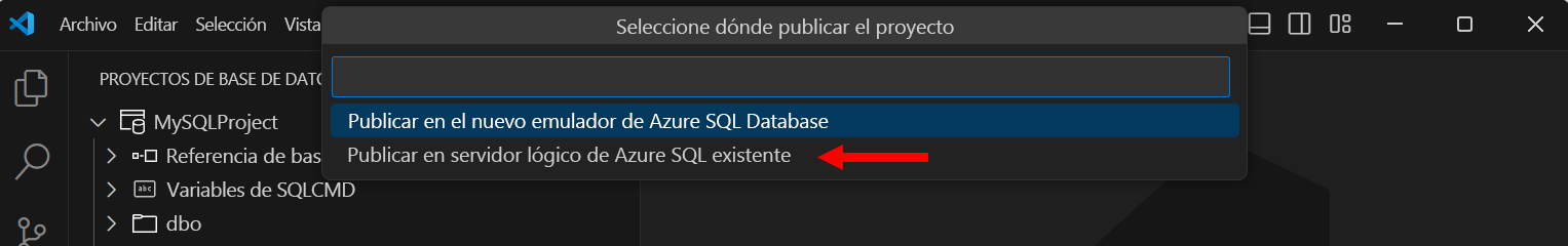 Captura de pantalla que muestra cómo publicar en un servidor lógico de Azure SQL existente