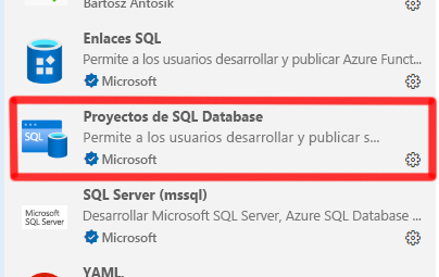 Captura de pantalla que muestra la extensión Proyectos de SQL Database instalada