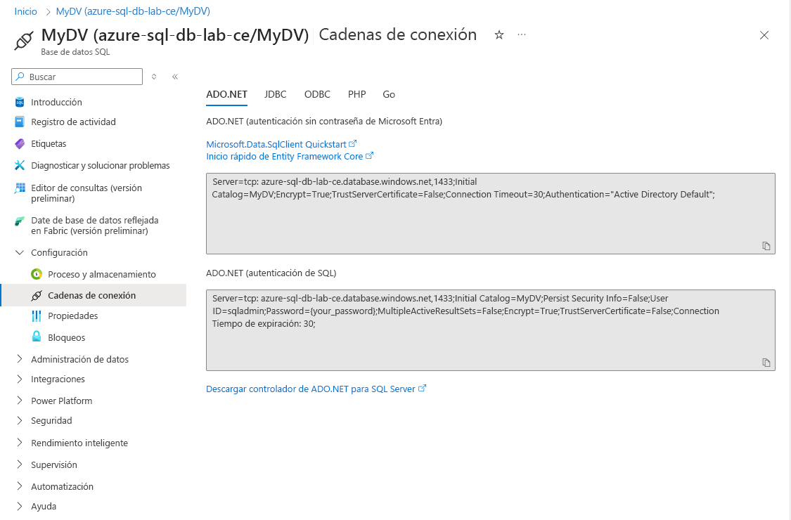 Captura de pantalla que muestra la configuración de la conexión de base de datos de Azure SQL.