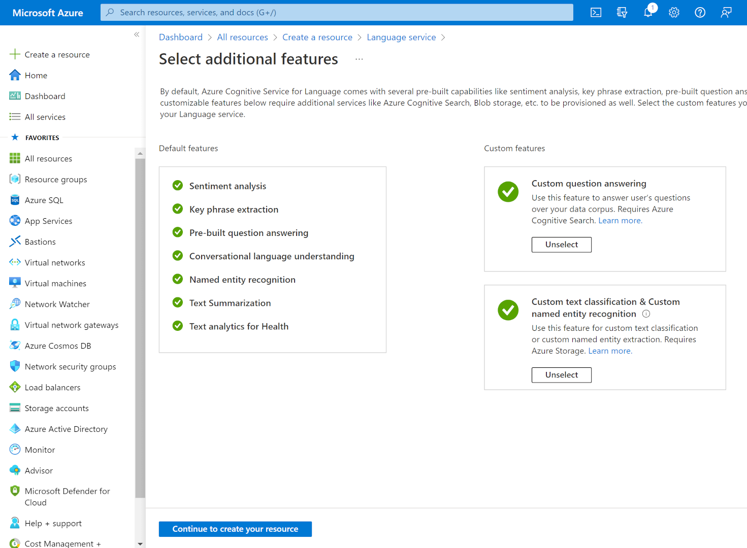 A screenshot showing creating a language service in the Azure portal.