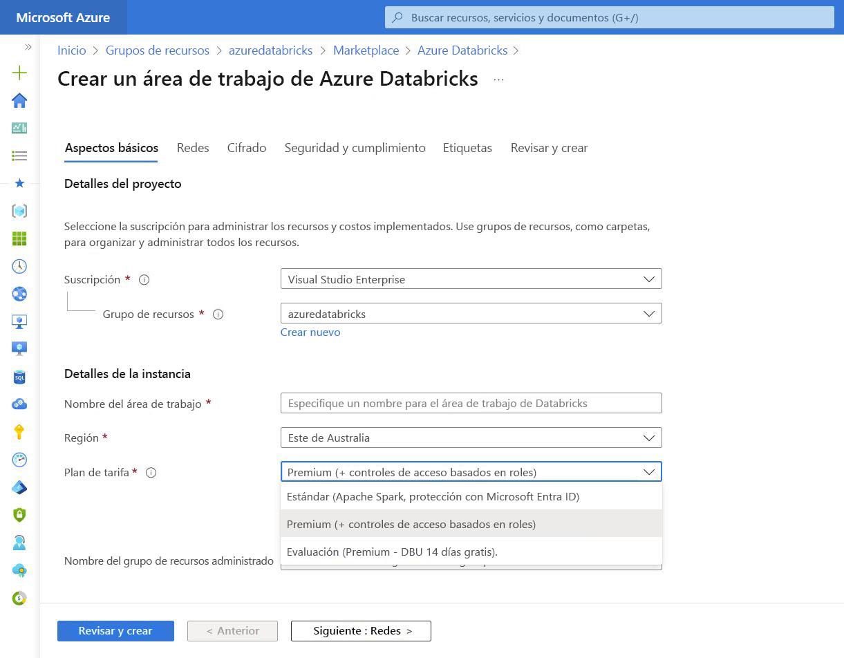 Captura de pantalla de Azure Databricks en Azure Portal.