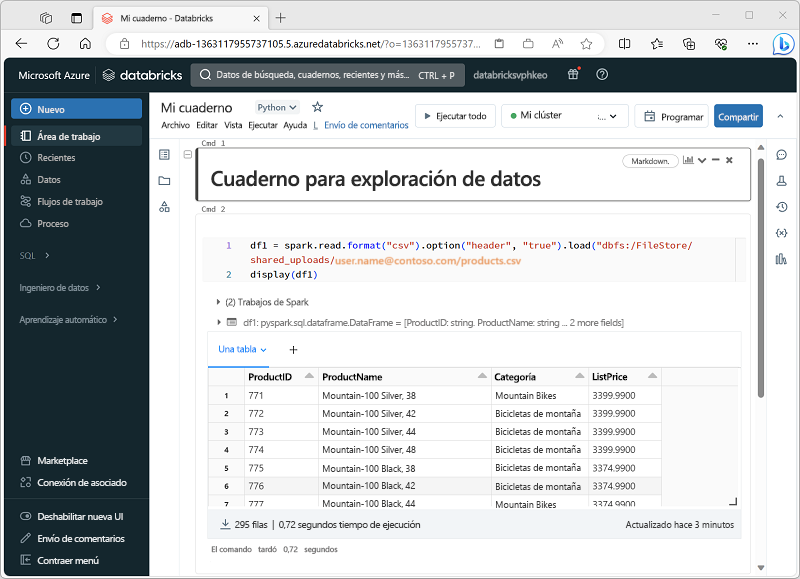 Captura de pantalla de la interfaz de usuario del área de trabajo de Azure Databricks.