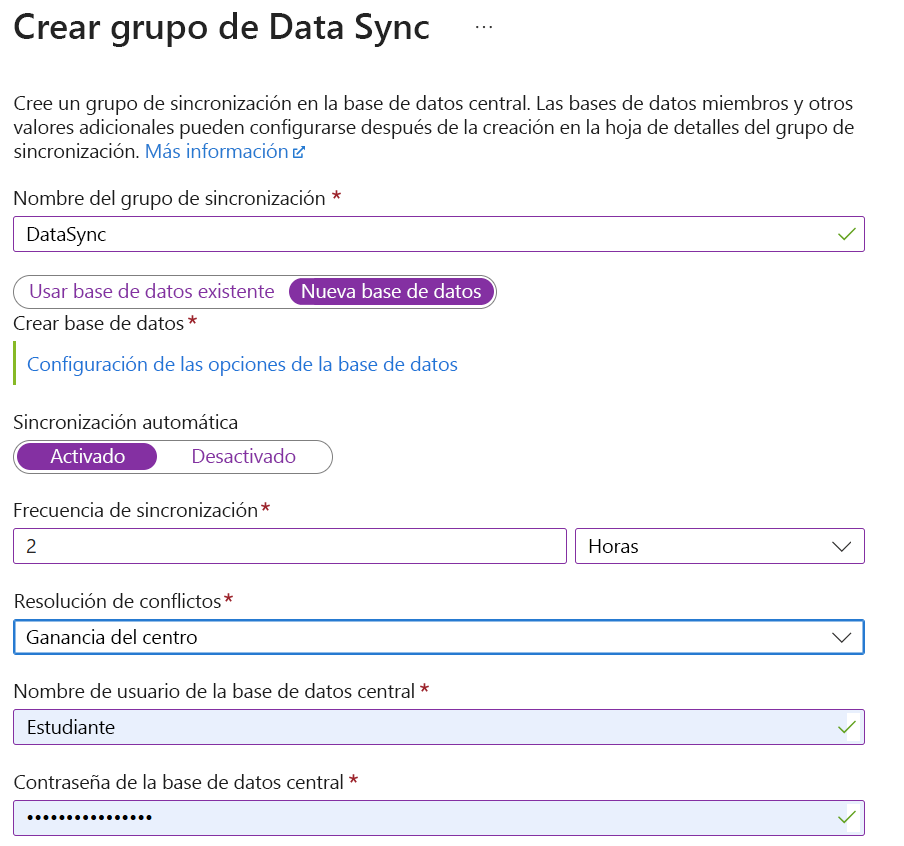 Captura de pantalla en la que se muestra cómo crear un grupo de Data Sync en Azure Portal.