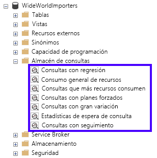 Captura de pantalla del explorador de objetos de SSMS con las vistas del Almacén de consultas resaltadas.