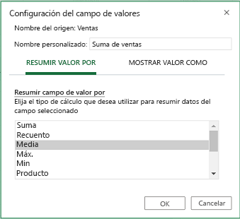 Captura de pantalla de la configuración de los valores de campo para resumir el valor por promedio.