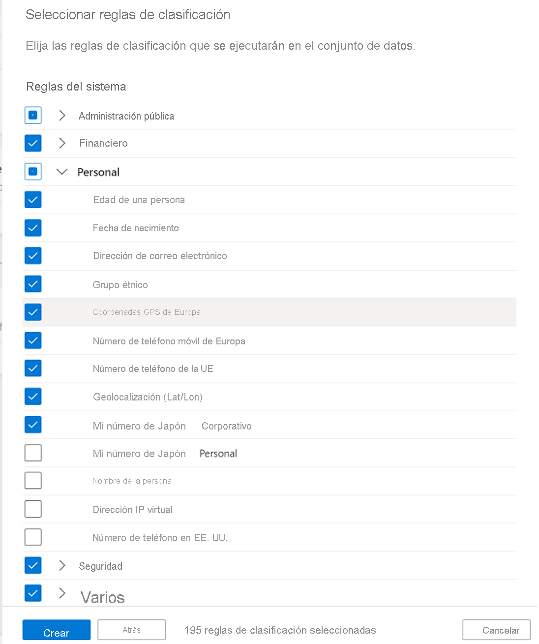 Screenshot of the scan rule set classification rules for Azure Purview.