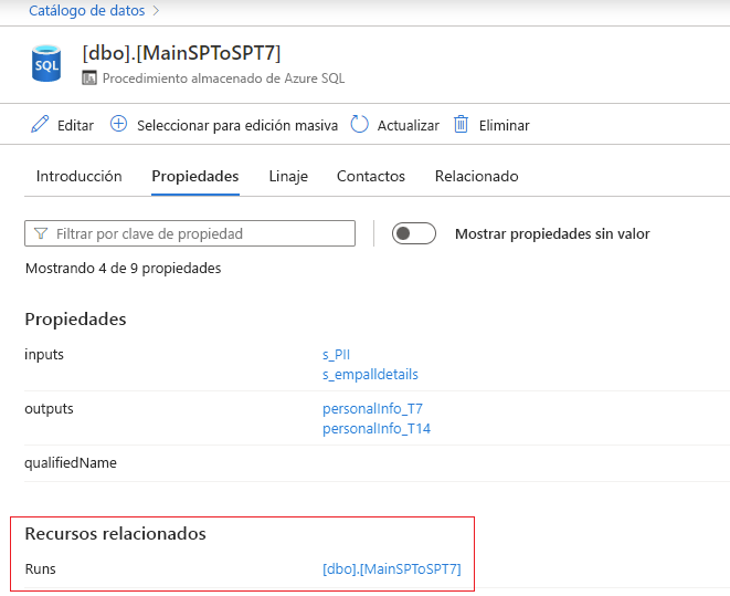 Screenshot that shows the screen with stored procedure properties containing runs.