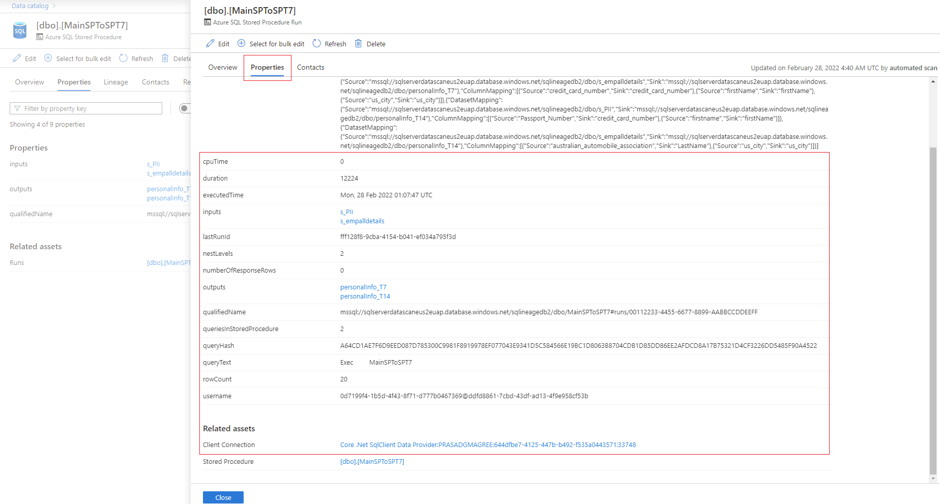 Screenshot that shows the screen with stored procedure run properties.