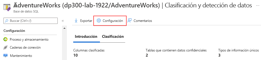 Captura de pantalla de cómo personalizar la taxonomía de clasificación desde Azure Portal.