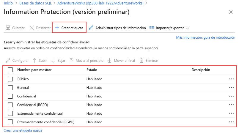 Captura de pantalla de la página Protección de Información del portal de Azure.