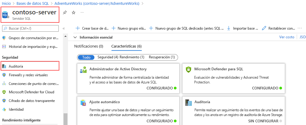 Screenshot of auditing option in the Security section of a SQL server.