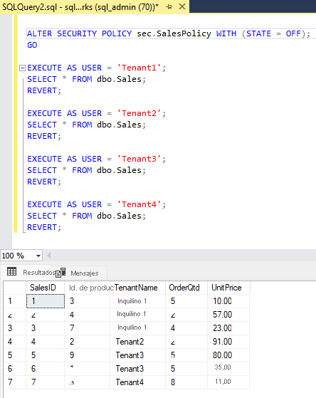 Screenshot of T-SQL commands to alter a security policy.