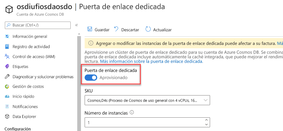 Opciones de configuración de Dedicated Gateway (Puerta de enlace dedicada) para la SKU y el número de nodos