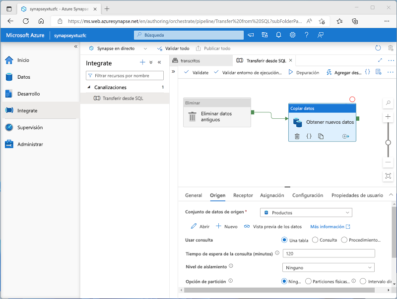 Screenshot of a pipeline in Azure Synapse Studio.