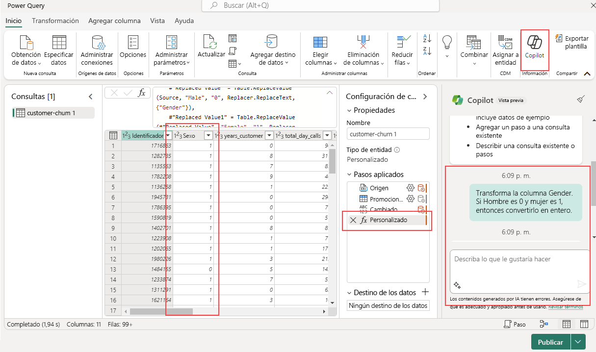 Screenshot showing how to use Copilot to apply transformation in a dataflow.