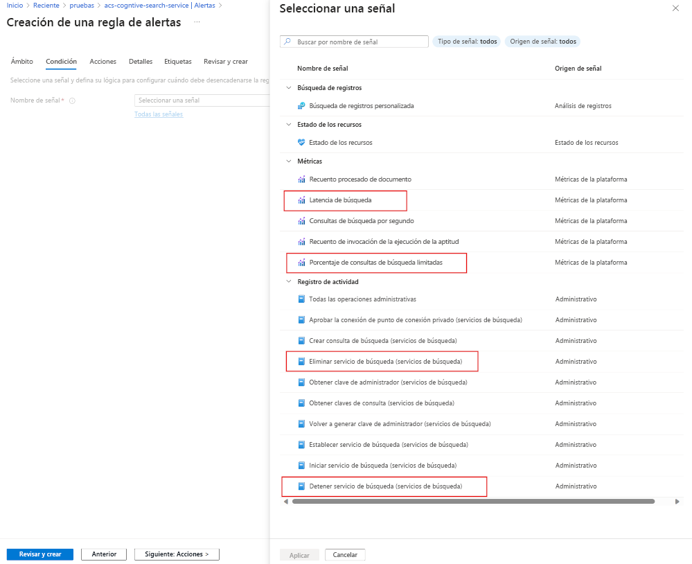 A screenshot of all the metric you can create alerts for.