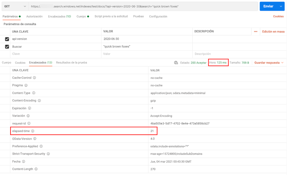 Screenshot of Postman showing the elapsed time and total round trip time highlighted.