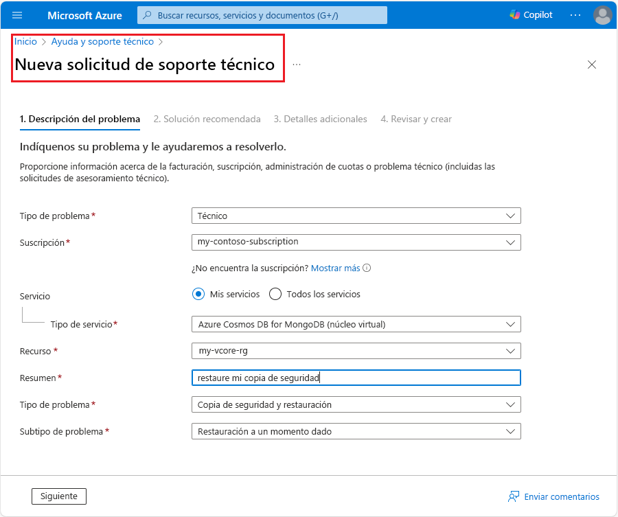 Captura de pantalla de la solicitud de restauración.