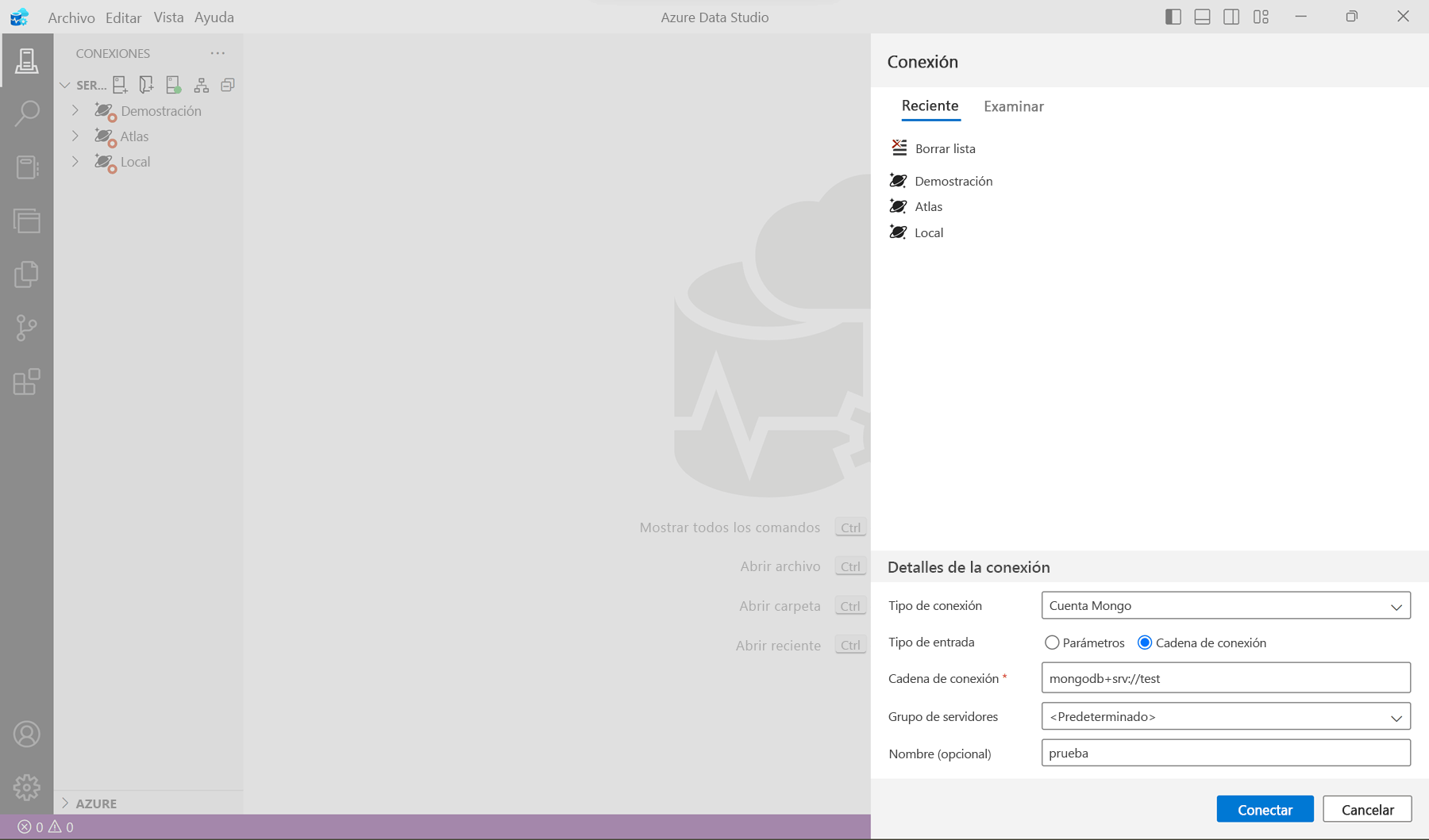 Captura de pantalla de cómo conectarse a un servidor de MongoDB en Azure Data Studio.