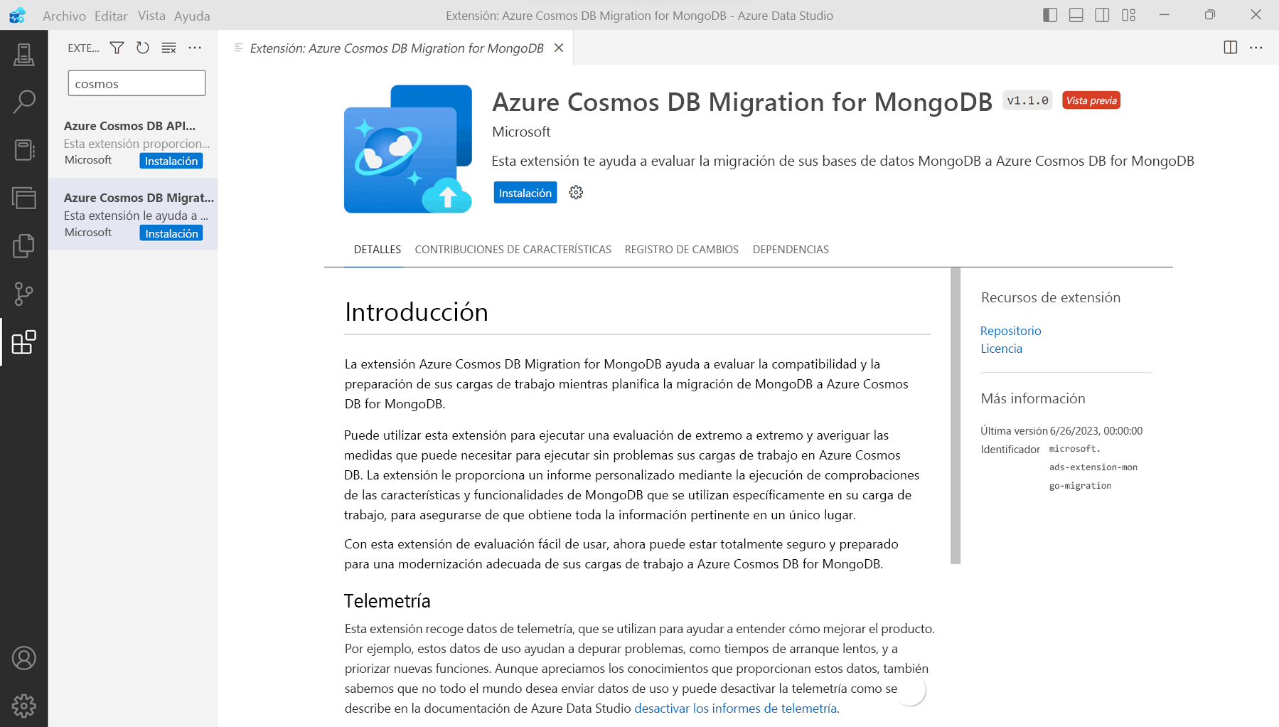 Captura de pantalla de cómo agregar la extensión de migración de MongoDB a Azure Data Studio.