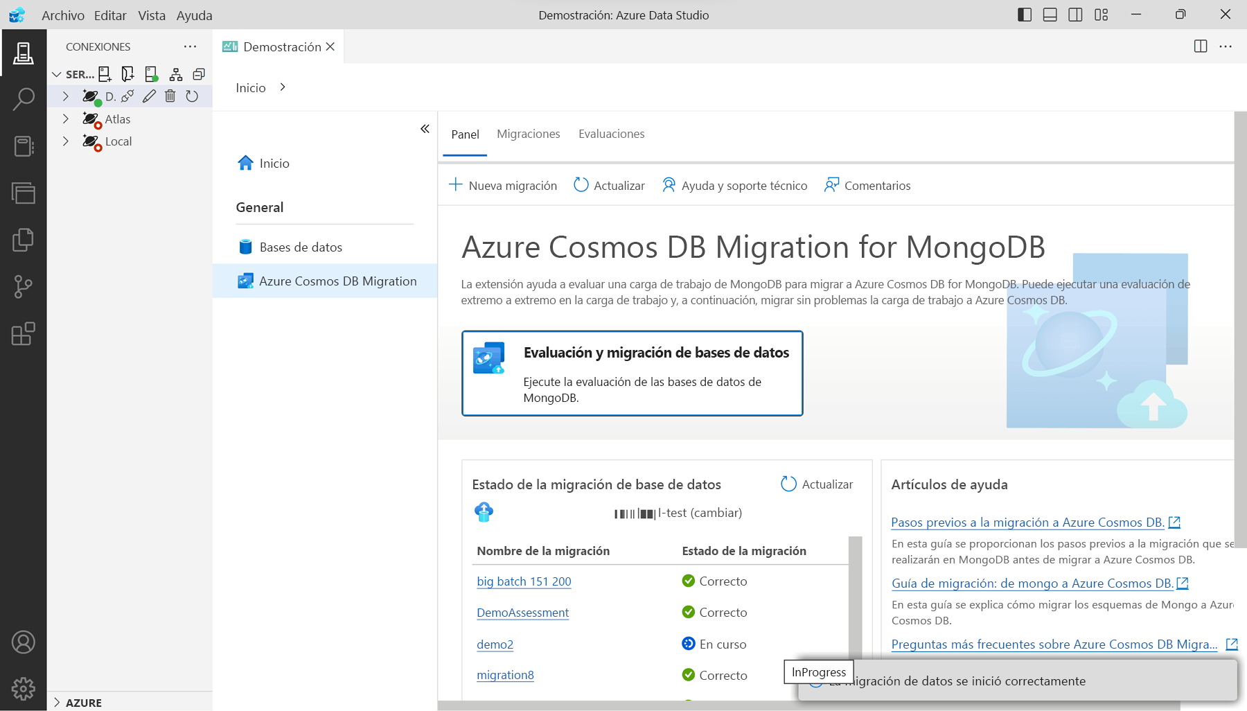 Captura de pantalla del estado de migración de un servidor de MongoDB en Azure Data Studio.