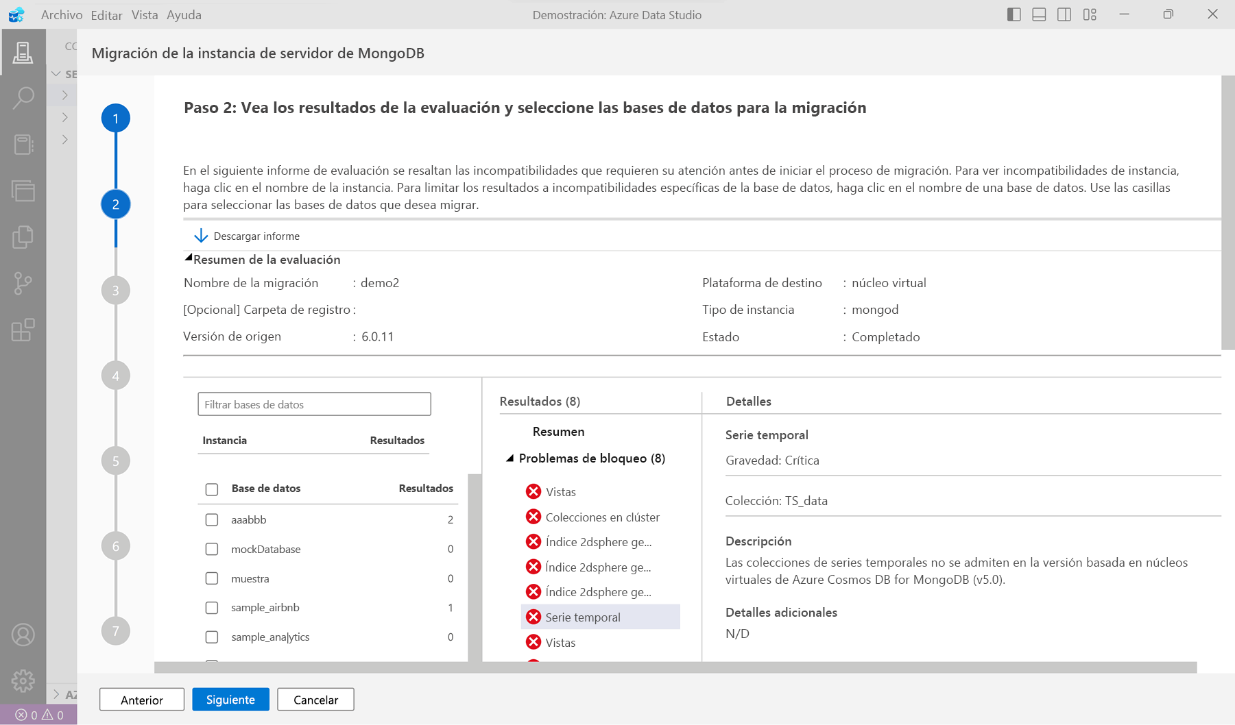 Captura de pantalla de los resultados de la evaluación de un servidor de MongoDB en Azure Data Studio.