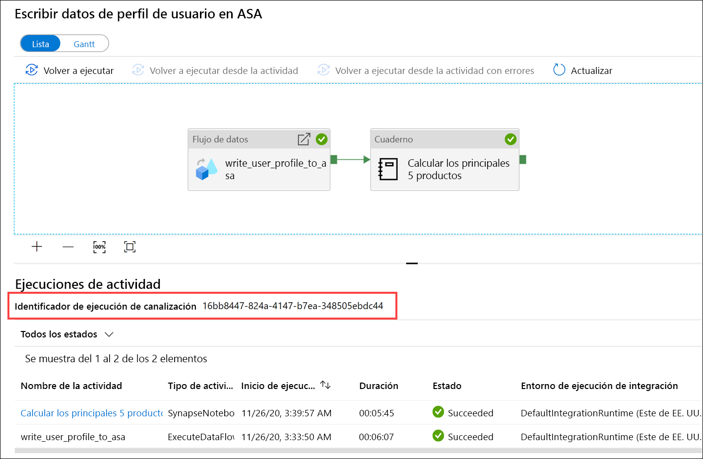 Id. de ejecución de canalización El identificador de ejecución de canalización está resaltado.