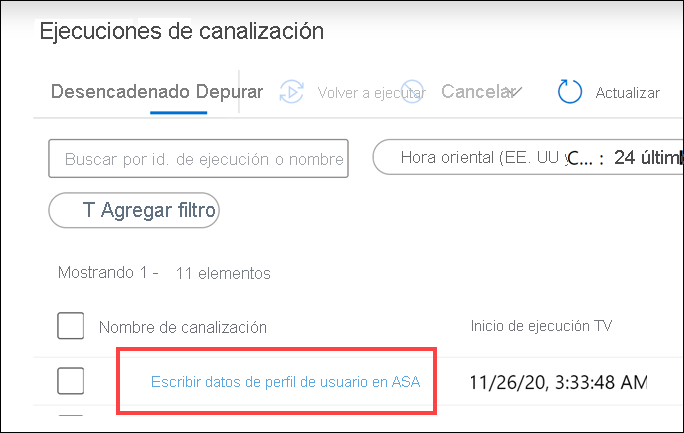 Ejecuciones de canalización El nombre de la canalización está seleccionado.
