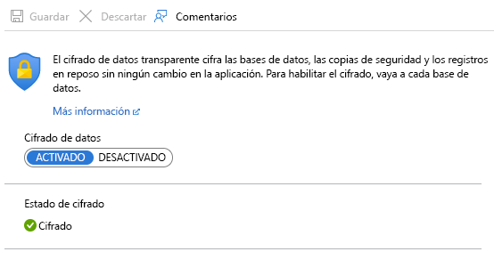 Captura de pantalla que muestra la configuración de Cifrado de datos transparente para una instancia de Azure SQL Database.