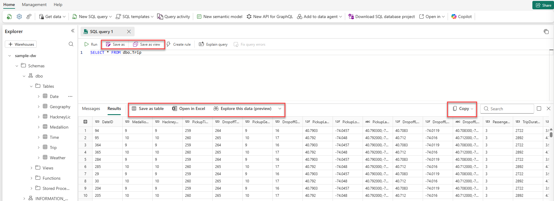 Captura de pantalla de la barra de herramientas de resultados del editor de consultas SQL que muestra Abrir en Excel, Explorar estos datos, Visualizar resultados y Copiar botones.