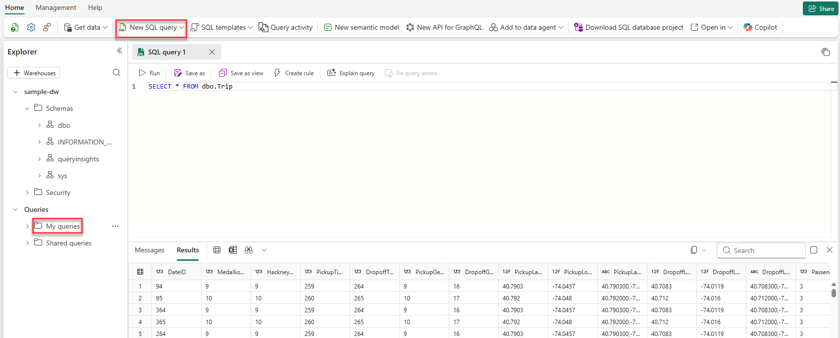 Screenshot que muestra formas de crear una nueva consulta SQL en un almacenamiento de datos en Microsoft Fabric.